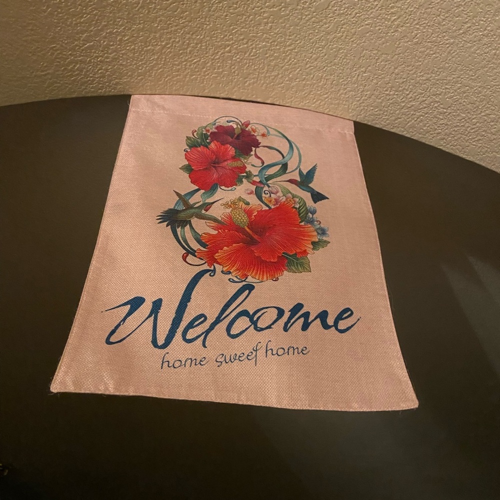 Welcome Home Sweet Home Banner with Hibiscus Flowers And Humming Birds Design